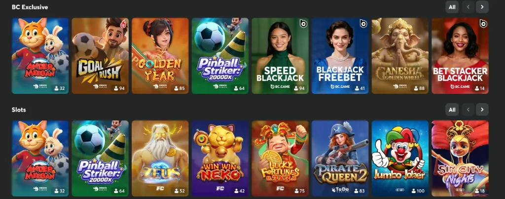 BC Game exclusive slots and popular titles