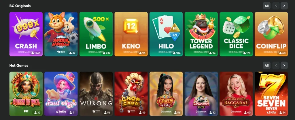 BC Originals games: Crash, Limbo, Keno, Hilo, Dice