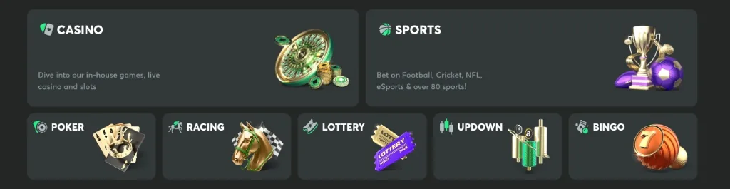 BC Game categories: Casino, Sports, Poker, Racing, Lottery, Updown, Bingo