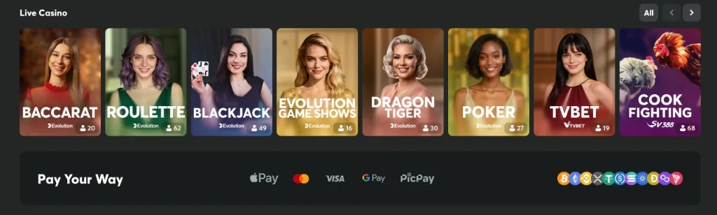 Live casino: Baccarat, Roulette, Blackjack, Poker